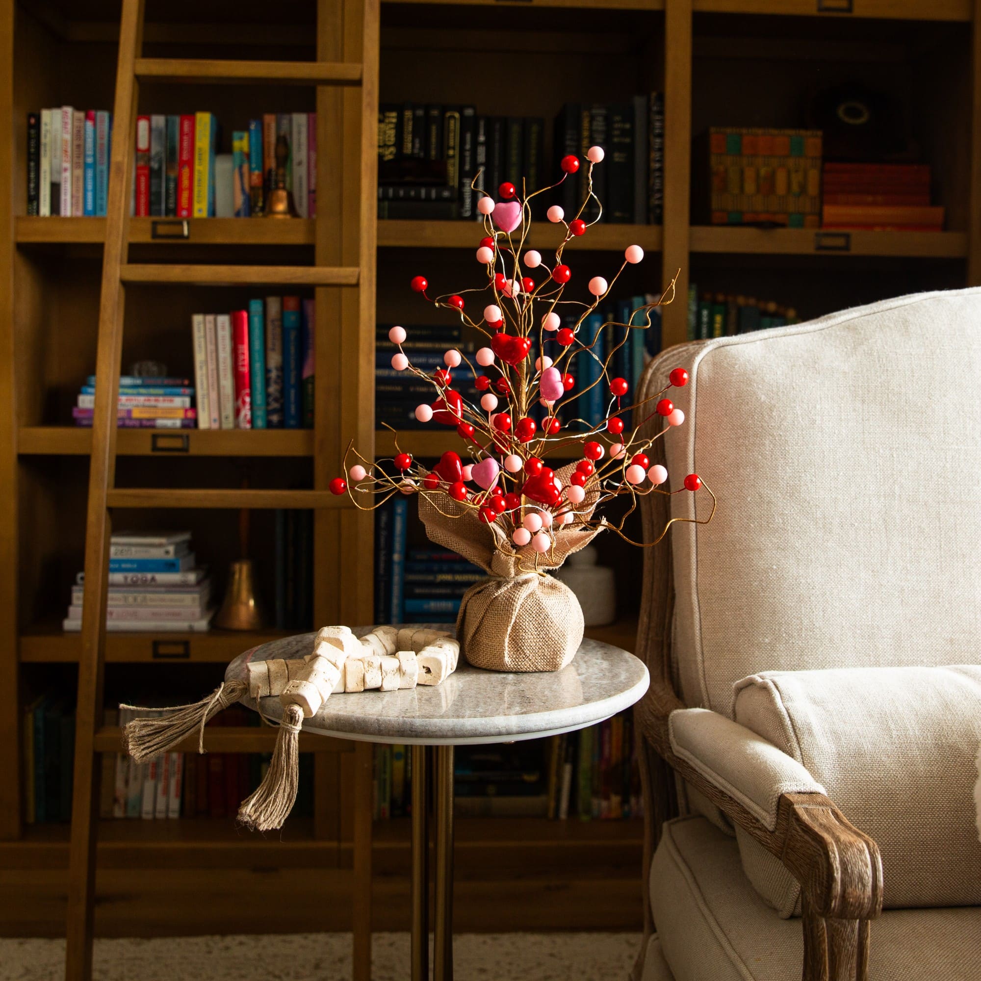 18in. Pre-Lit Artificial Valentine's Day Heart & Berry Twig Tree with 30 LED String Lights in Burlap Wrapped Base